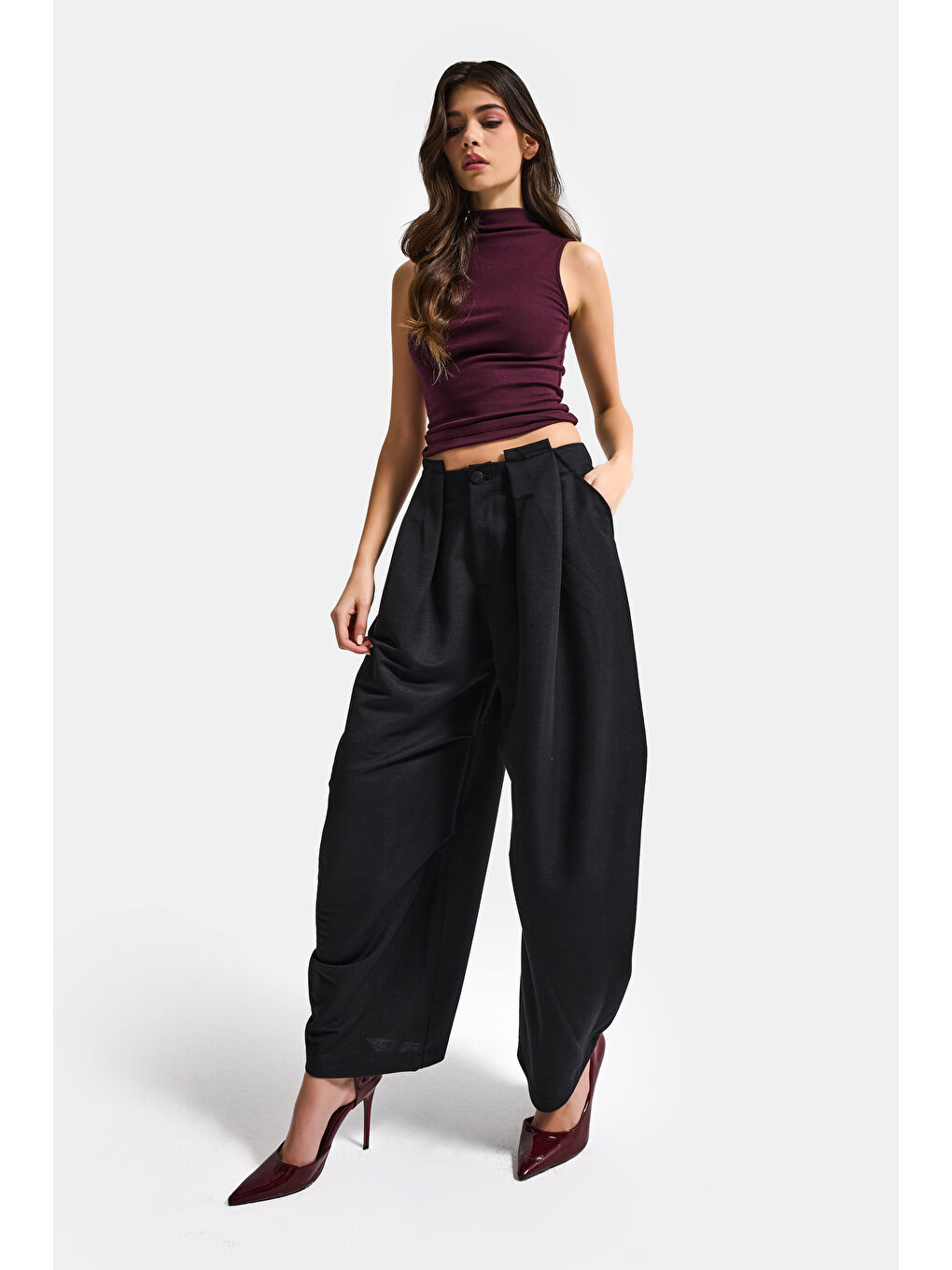 Kadın Siyah Balon Fit Viskon Kumaş Özel Tasarım Pantolon-4