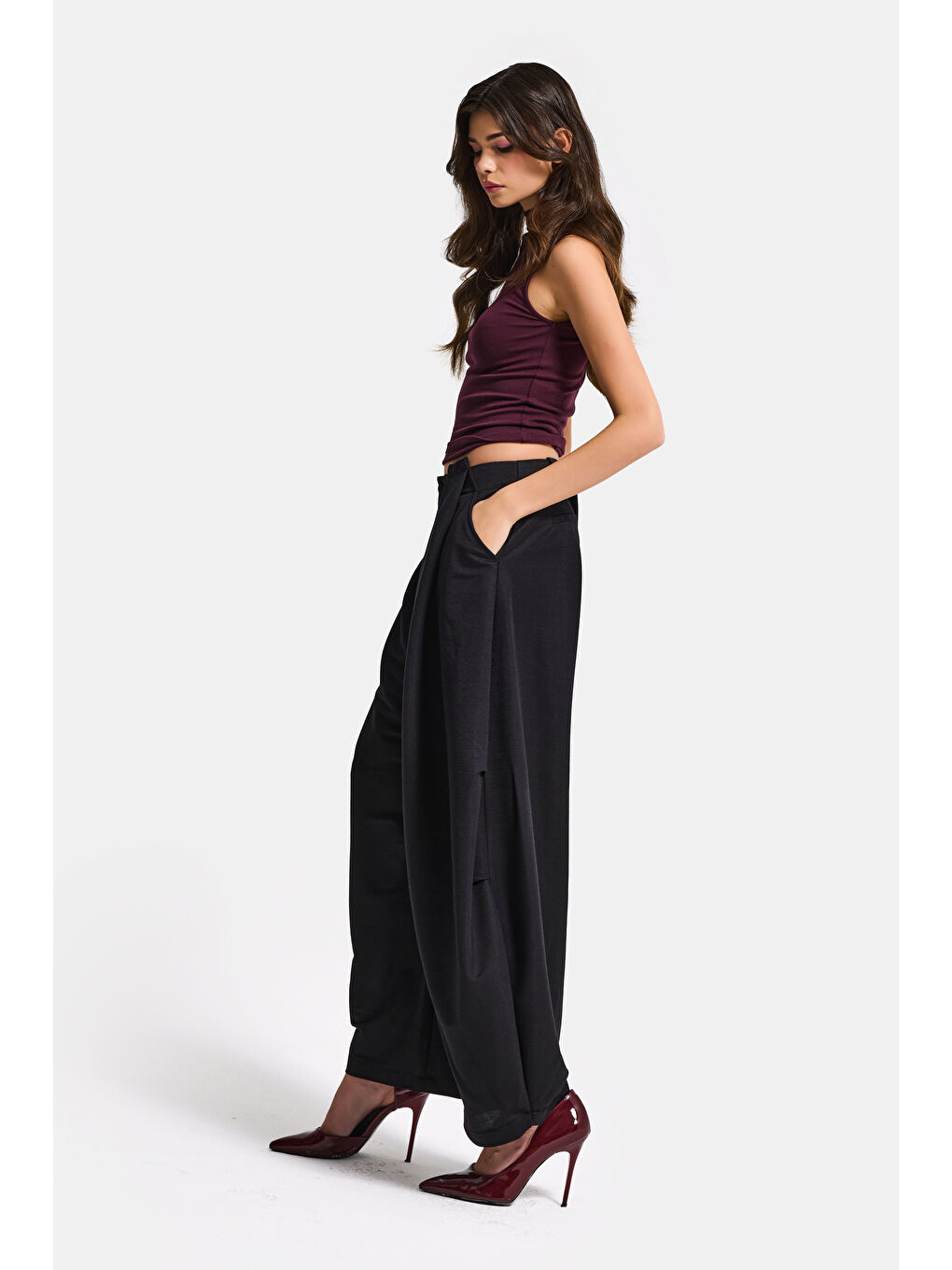 Kadın Siyah Balon Fit Viskon Kumaş Özel Tasarım Pantolon-5