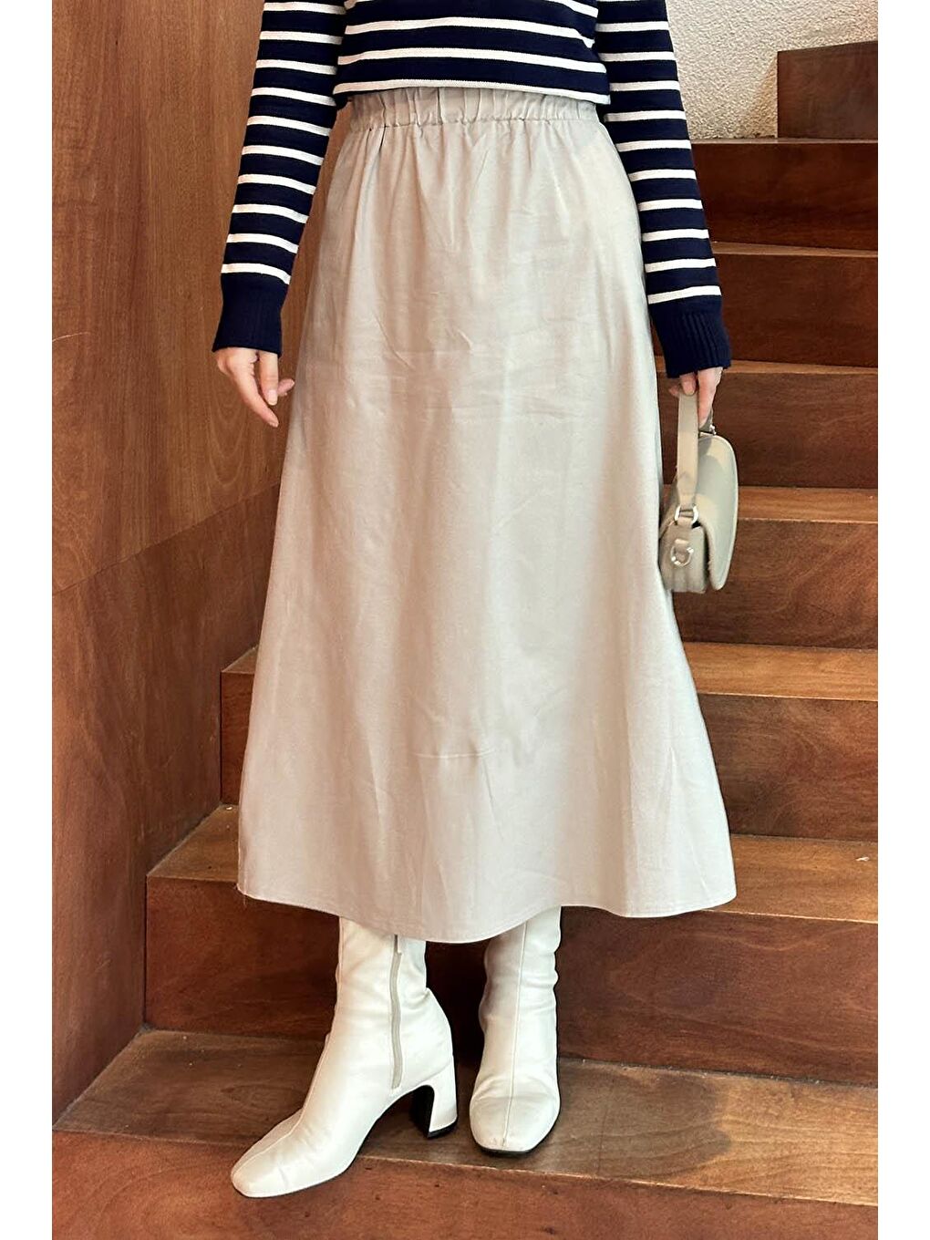 Bej Bel Lastikli Tesettür Etek Taş