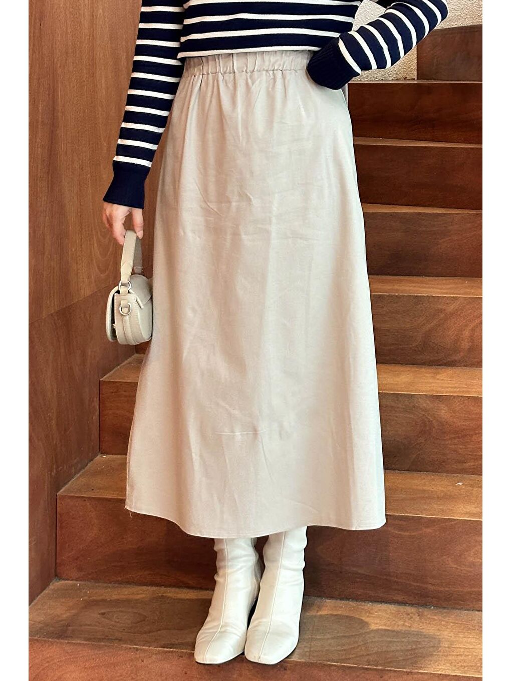 Bej Bel Lastikli Tesettür Etek Taş-1