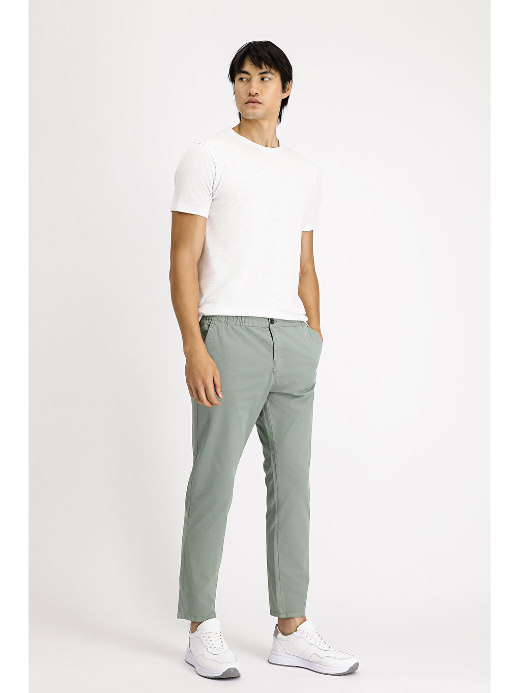 Yeşil Regular Fit Beli Lastikli Elastanlı Kanvas / Chino Pantolon