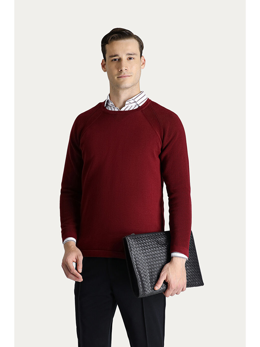 Bordo Bisiklet Yaka Slim Fit Dar Kesim Pamuklu Triko Kazak