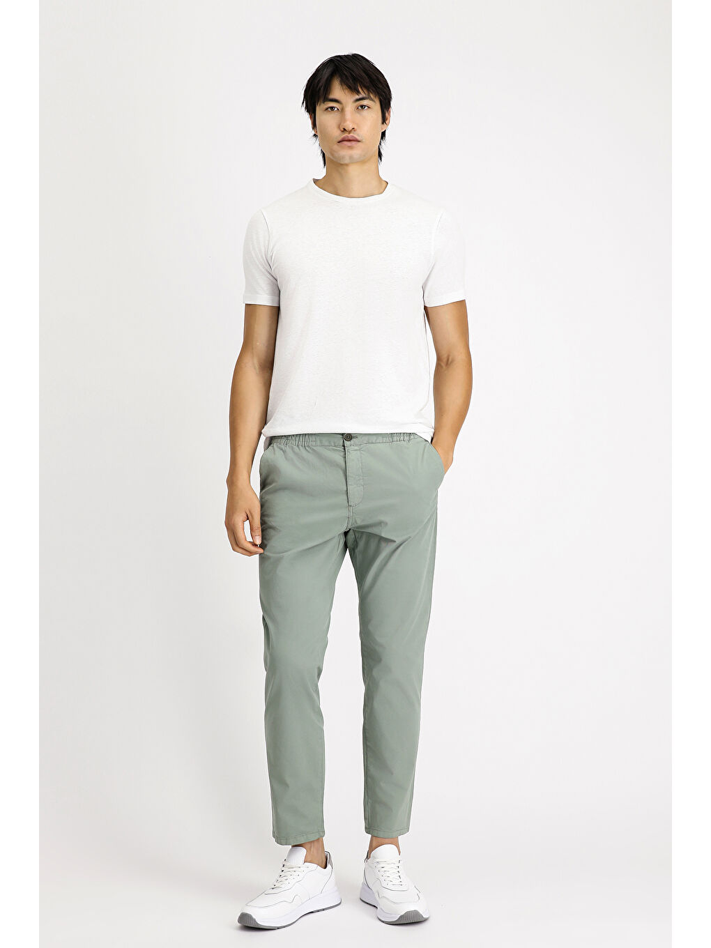 Yeşil Regular Fit Beli Lastikli Elastanlı Kanvas / Chino Pantolon-1