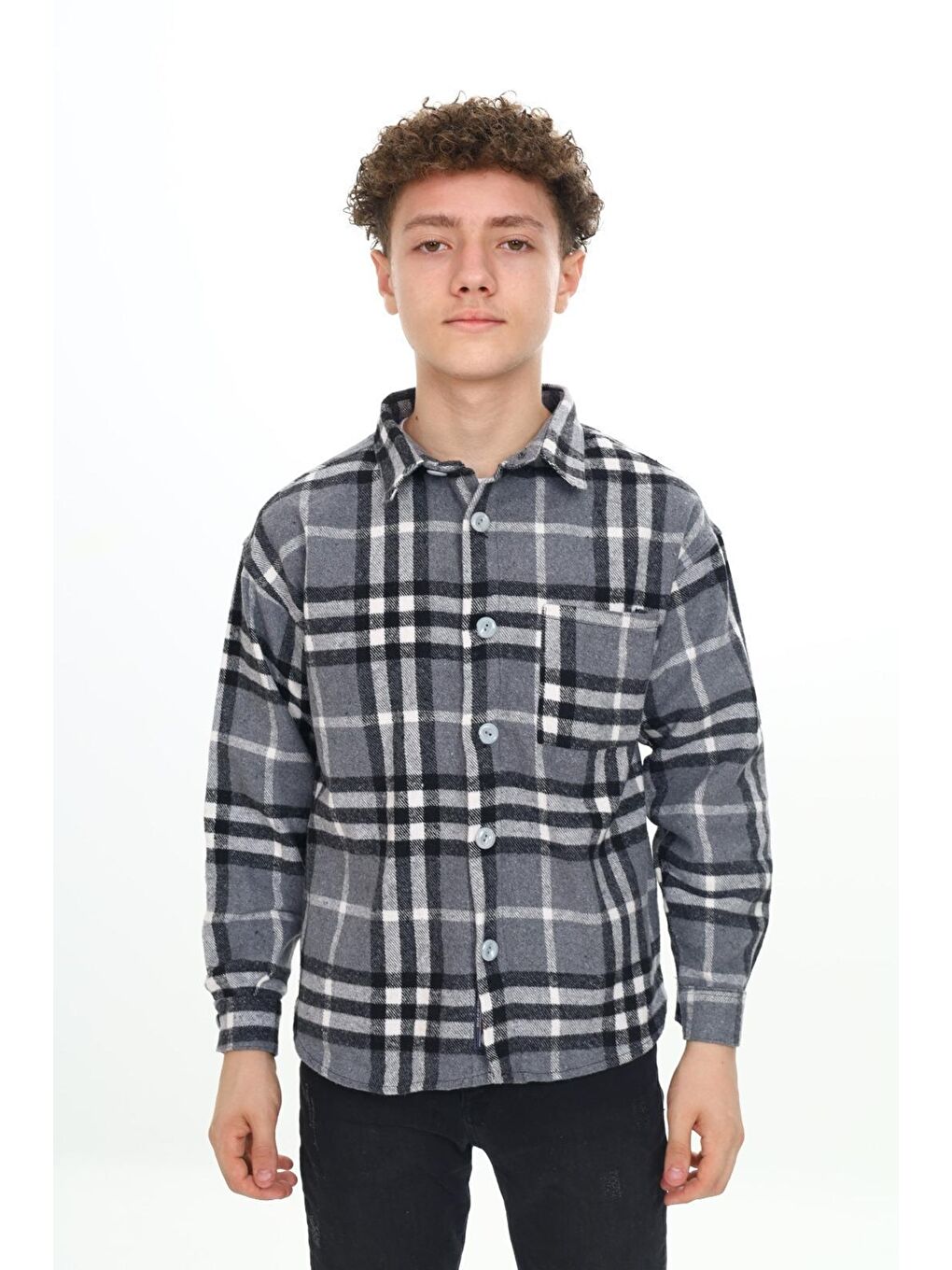 Gri Erkek Çocuk Ekose Desenli Oduncu Gömlek P2001-1