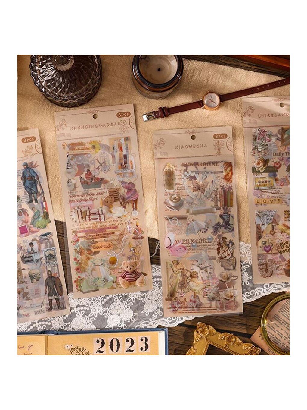 Vintage Temalı Sticker Seti – 3 Sayfa Scrapbook Etiketi-3