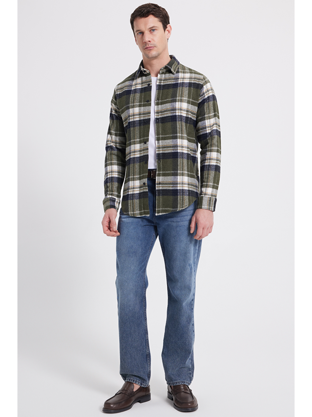 Haki Erkek Slim Fit Dar Kesim Kareli Kışlık Oduncu Gömlek-1