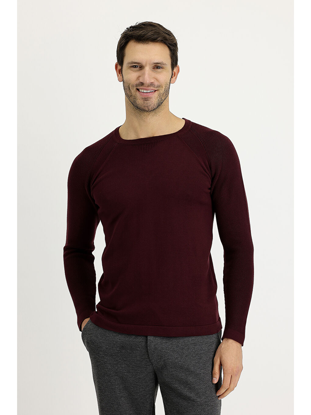 Bordo Bisiklet Yaka Slim Fit Dar Kesim Desenli Pamuklu Triko Kazak