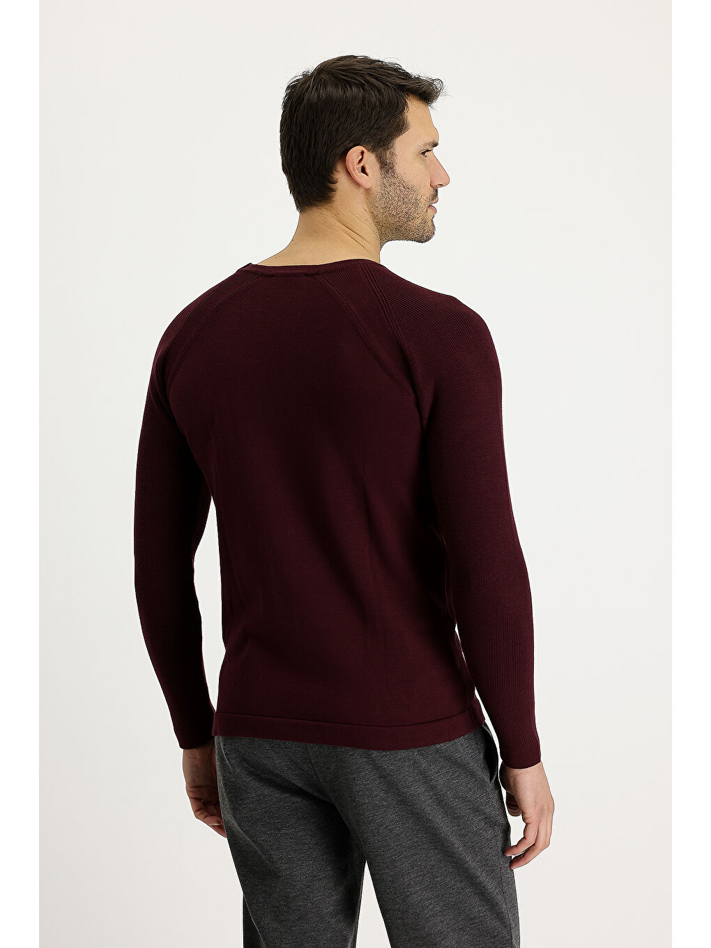 Bordo Bisiklet Yaka Slim Fit Dar Kesim Desenli Pamuklu Triko Kazak-1