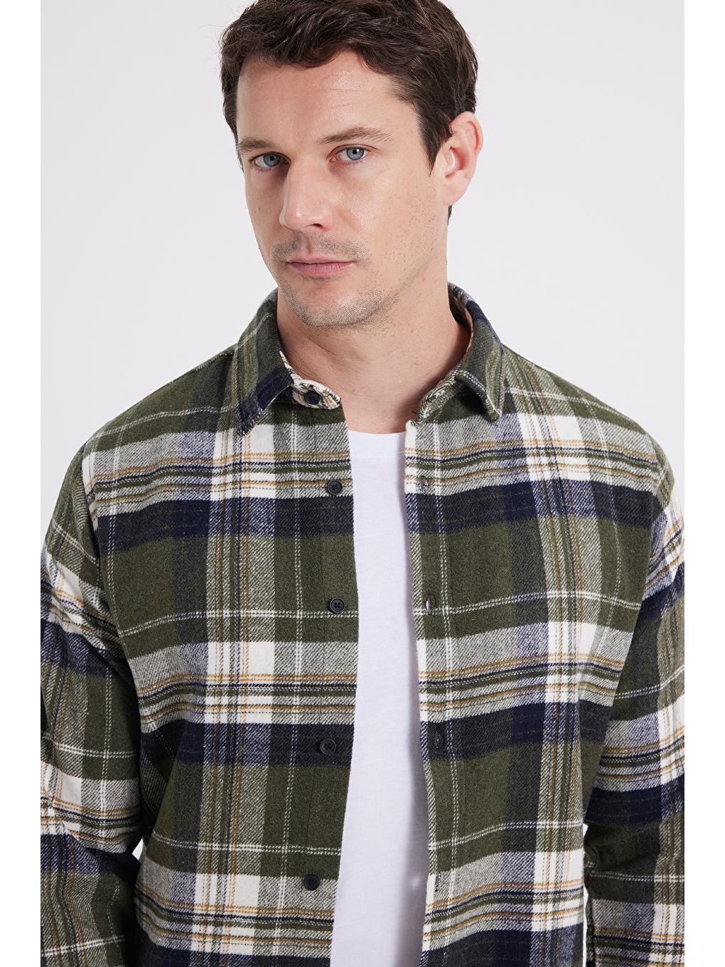 Haki Erkek Slim Fit Dar Kesim Kareli Kışlık Oduncu Gömlek-2