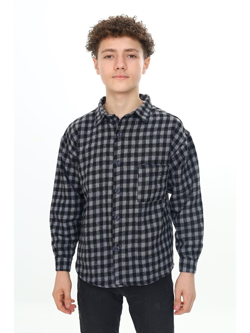 Siyah Erkek Çocuk Ekose Desenli Oduncu Gömlek P2000-1