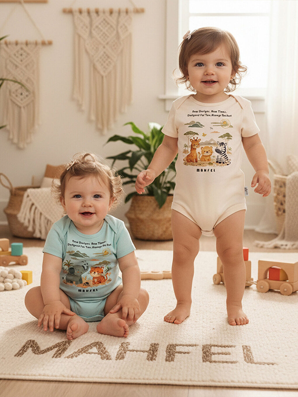 Gri 2'Li %100 Pamuklu Organik Baskılı Kısa Kollu Çıtçıtlı Bebek Body Zıbın 883-884-1