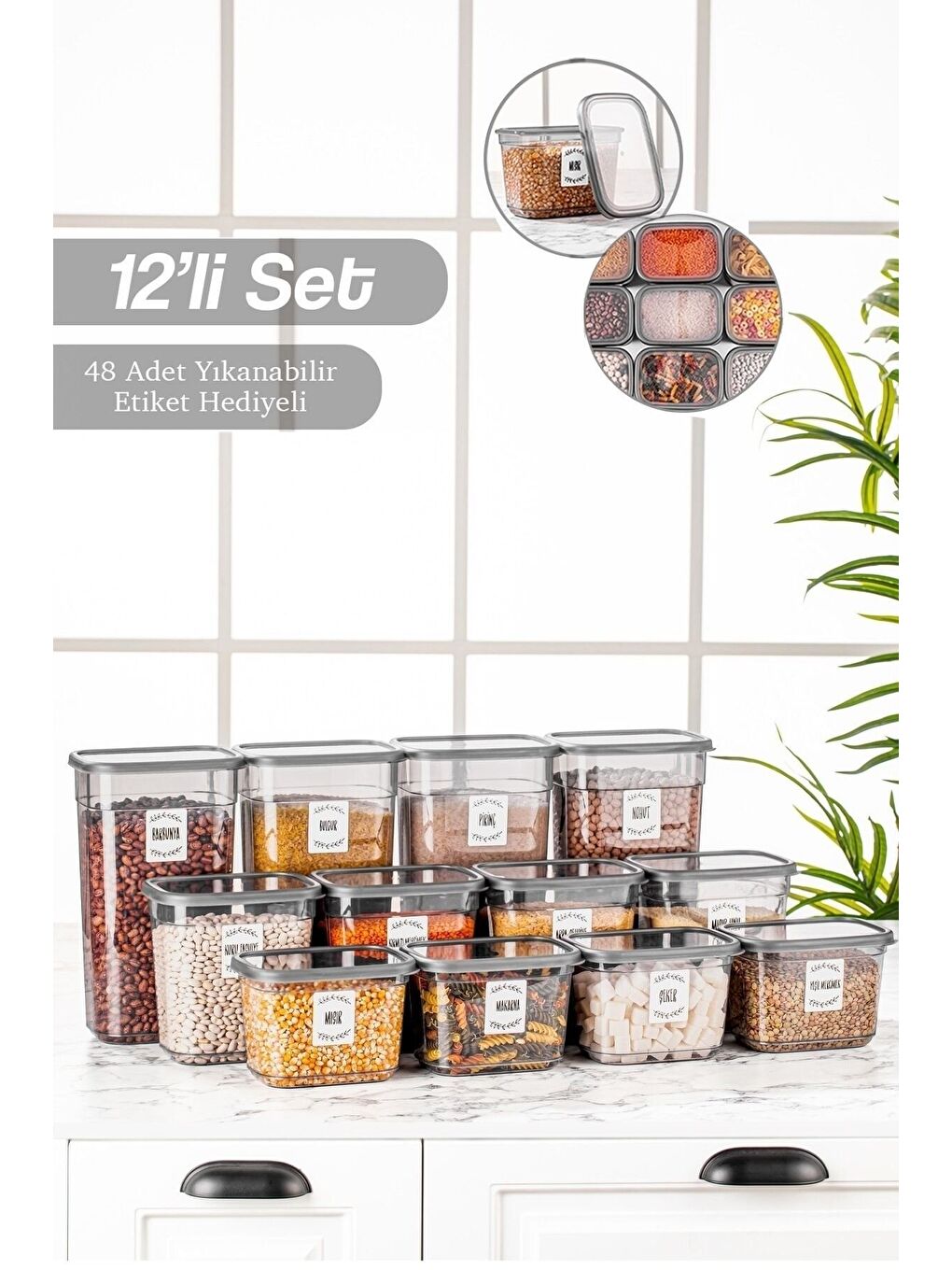 Antrasit 12'li Dikdörtgen Erzak Saklama Kabı