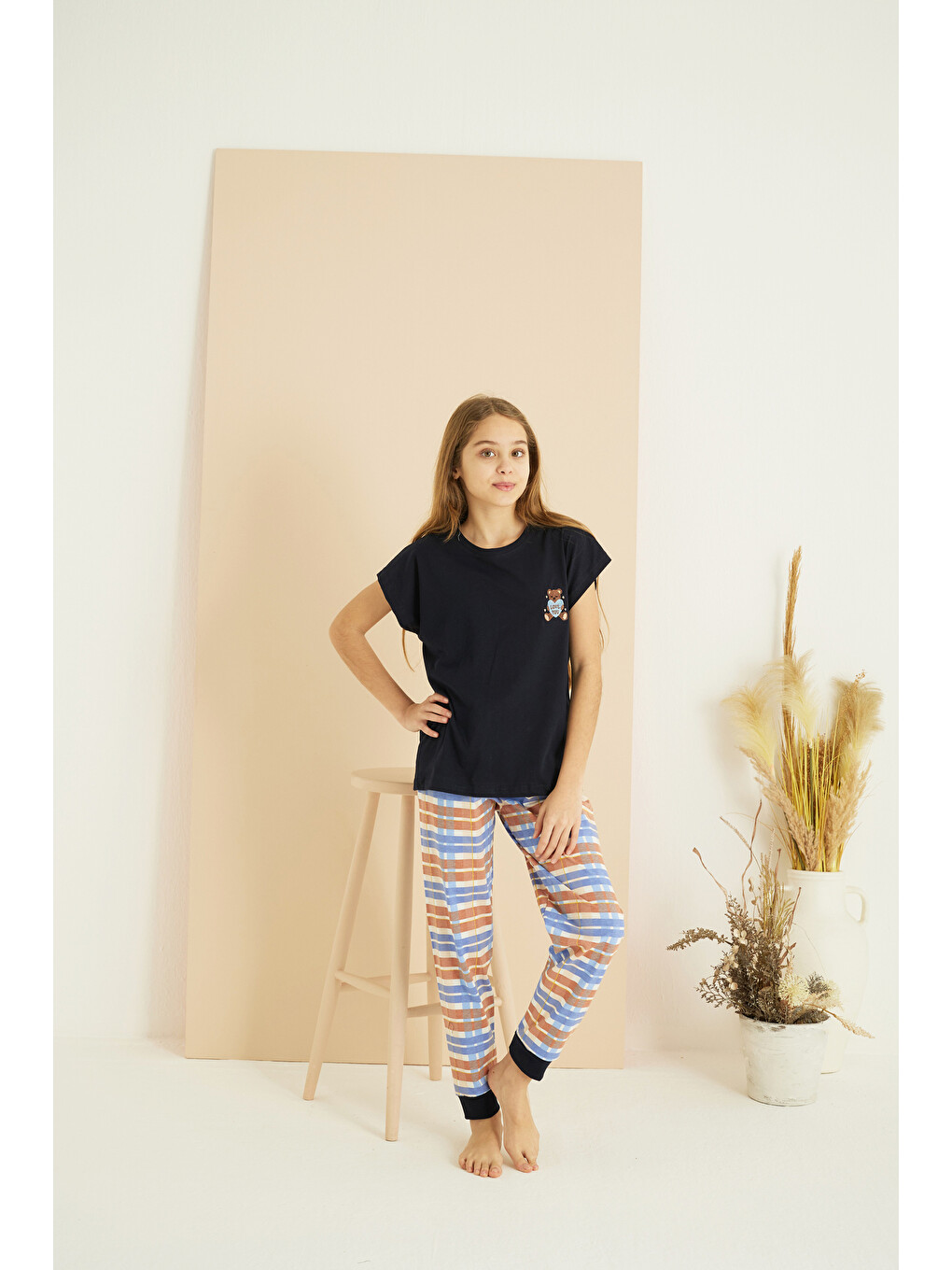 Lacivert Desenli Pamuklu Bisiklet Yaka Örme Pijama Takım25107135-2