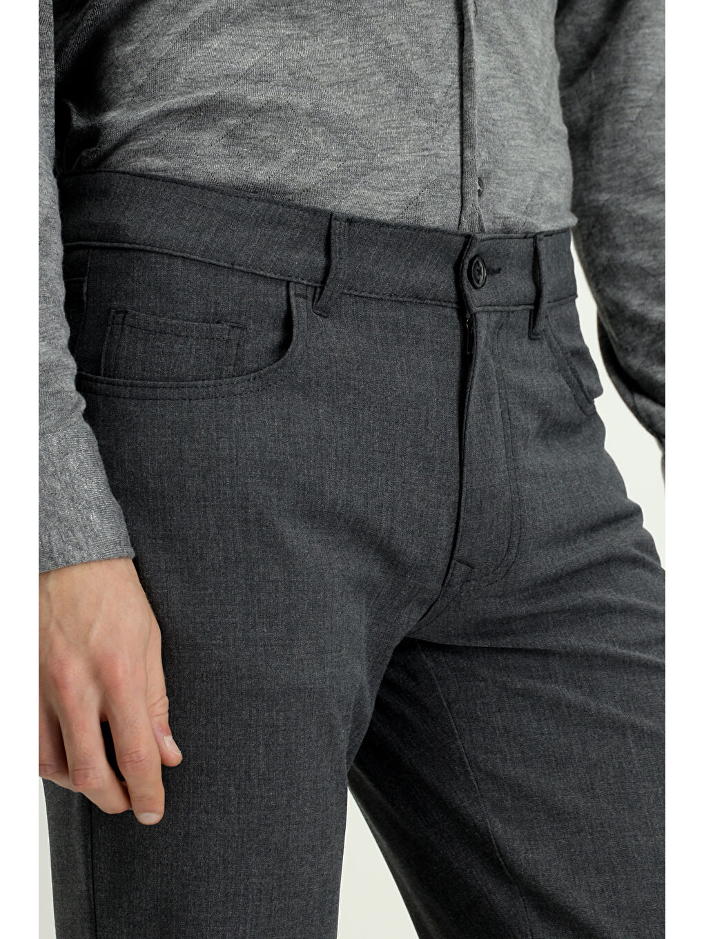 Gri Slim Fit Dar Kesim Yünlü Klasik Kumaş Pantolon-4