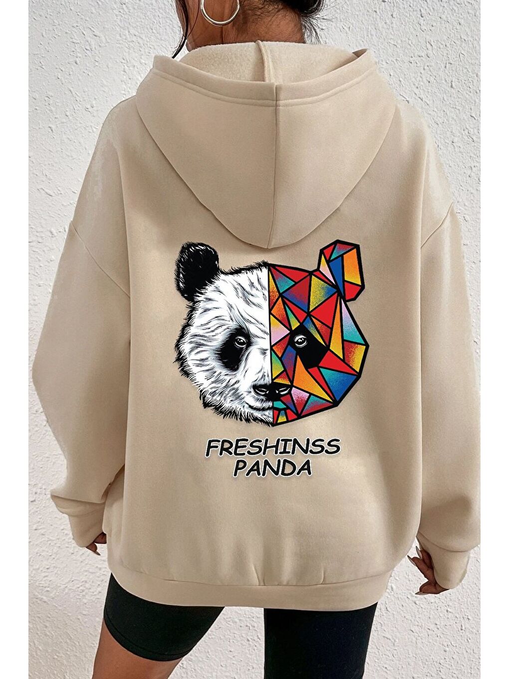 uyguntarz Bej Unisex Panda Sırt Baskılı Sweatshirt