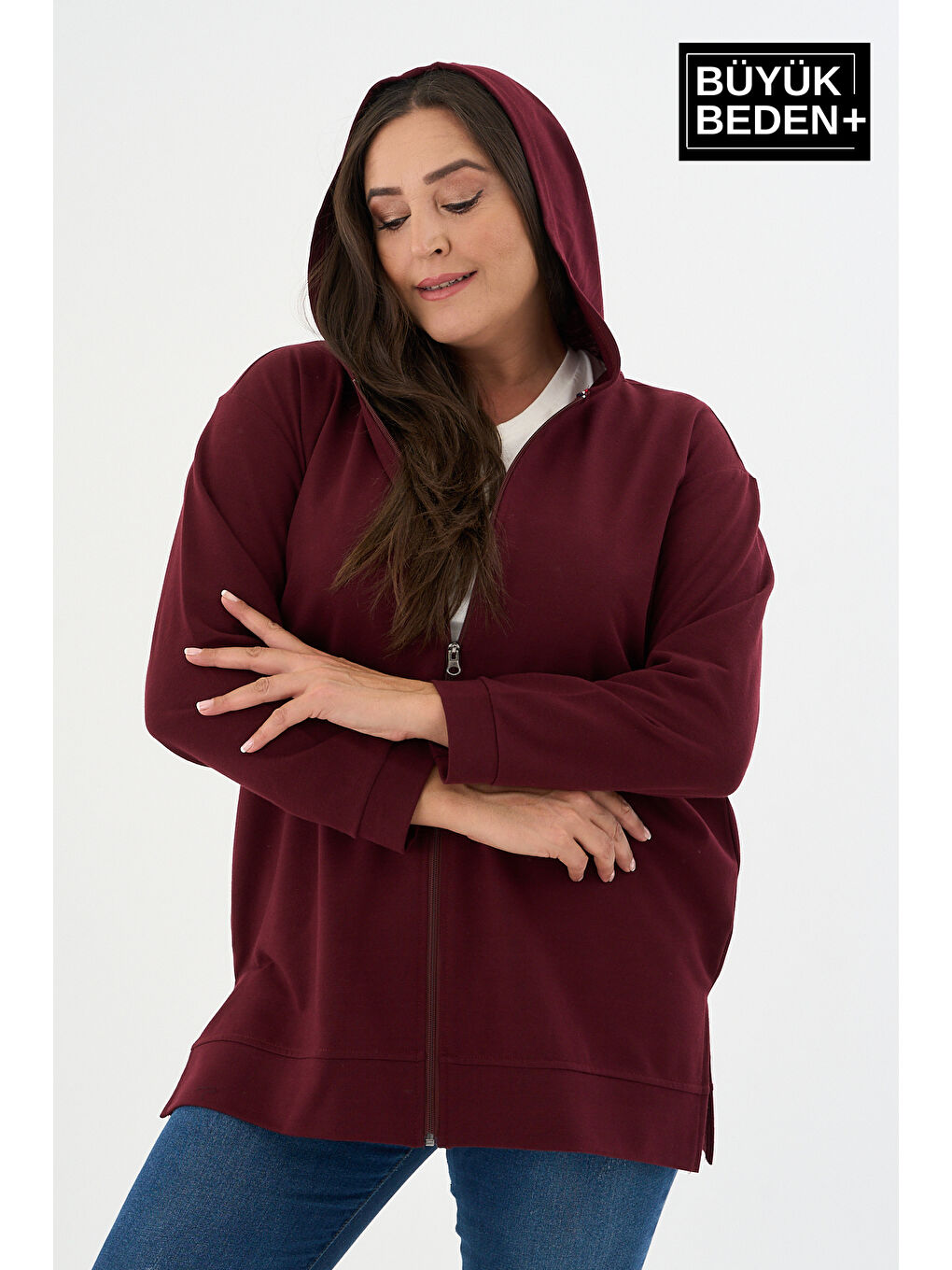 Bordo Kadın Tunik Büyük Beden Fermuarlı Kapüşonlu Sweat Hırka SPR26BTK955-2
