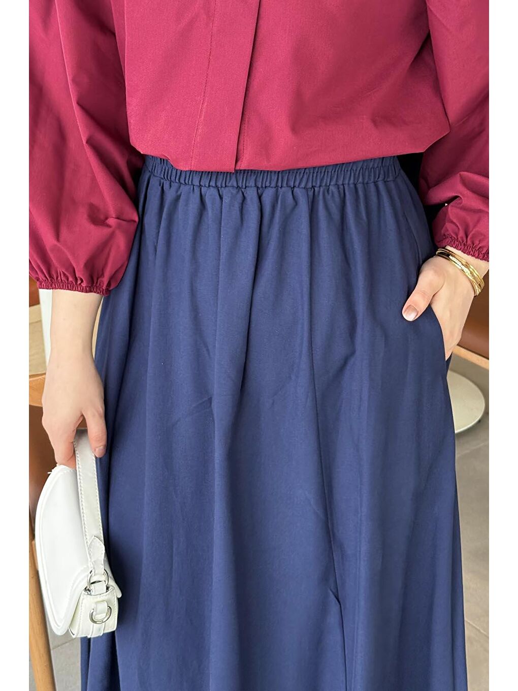 Cep Detaylı Keten Etek Lacivert-1