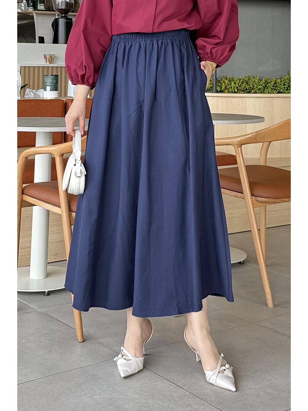 Cep Detaylı Keten Etek Lacivert-2