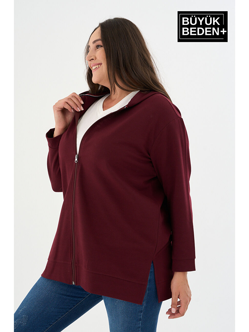 Bordo Kadın Tunik Büyük Beden Fermuarlı Kapüşonlu Sweat Hırka SPR26BTK955-3