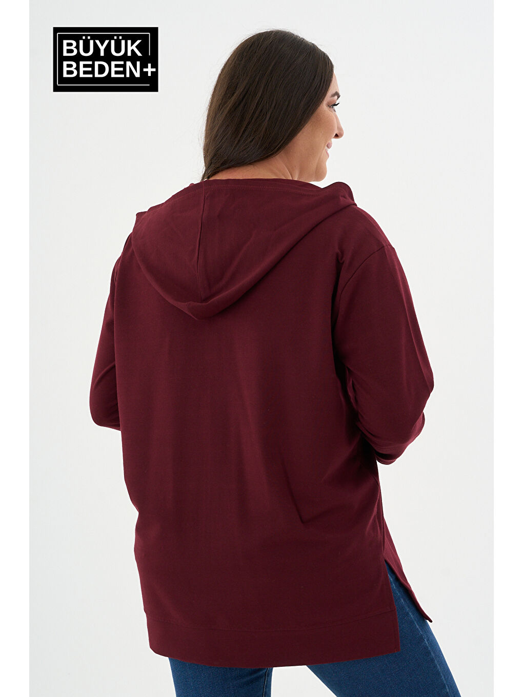 Bordo Kadın Tunik Büyük Beden Fermuarlı Kapüşonlu Sweat Hırka SPR26BTK955-1