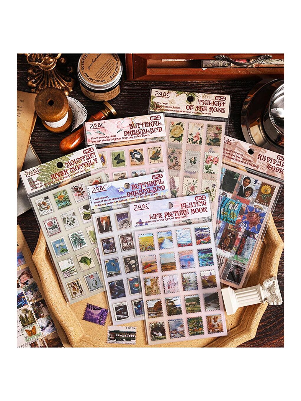 Pul Temalı 8 Sayfa Vintage Sticker – Dekoratif Ve Scrapbook Uyumlu