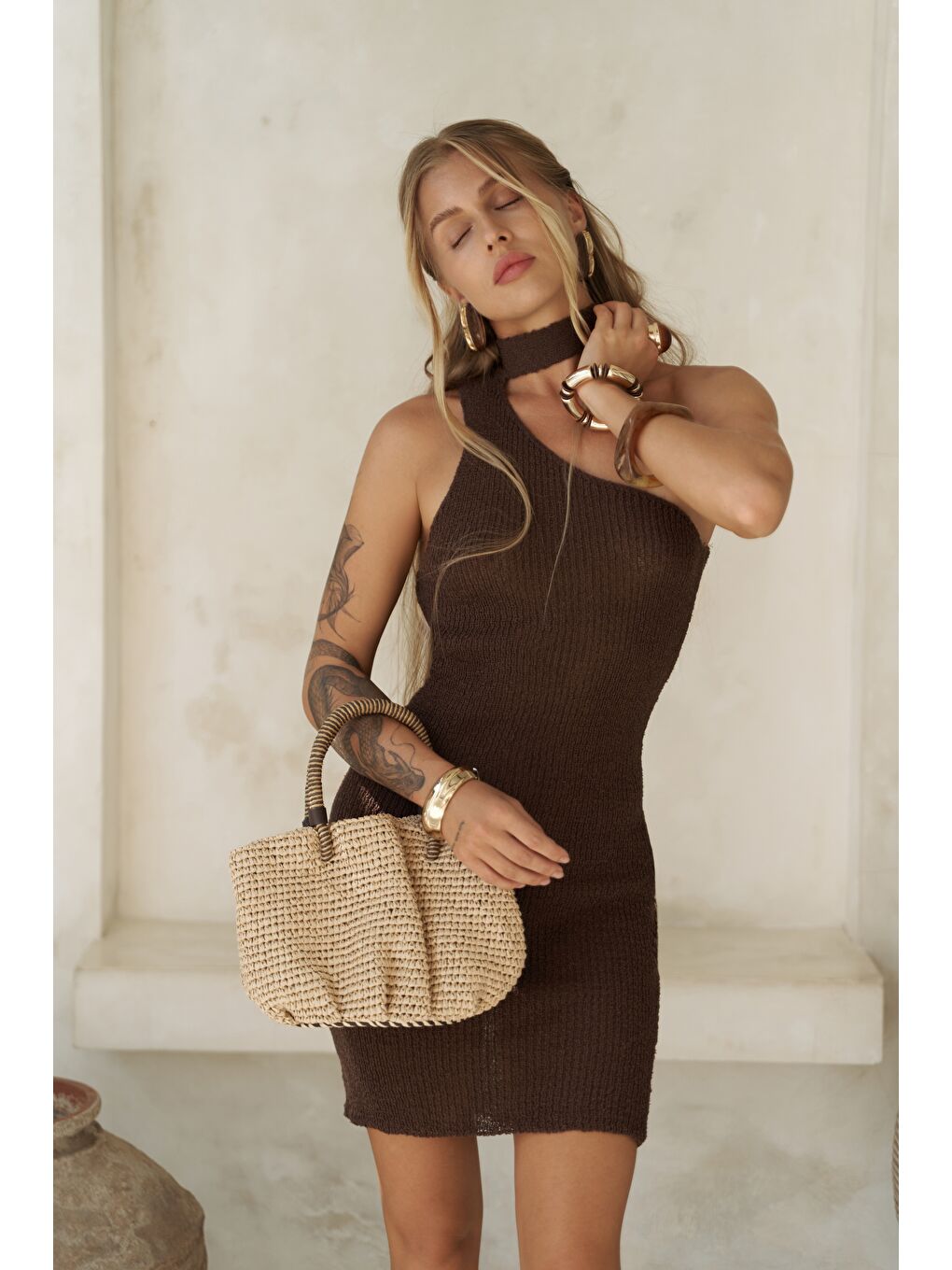 Kahverengi Budah Asimetrik Triko Kahve Mini Elbise
