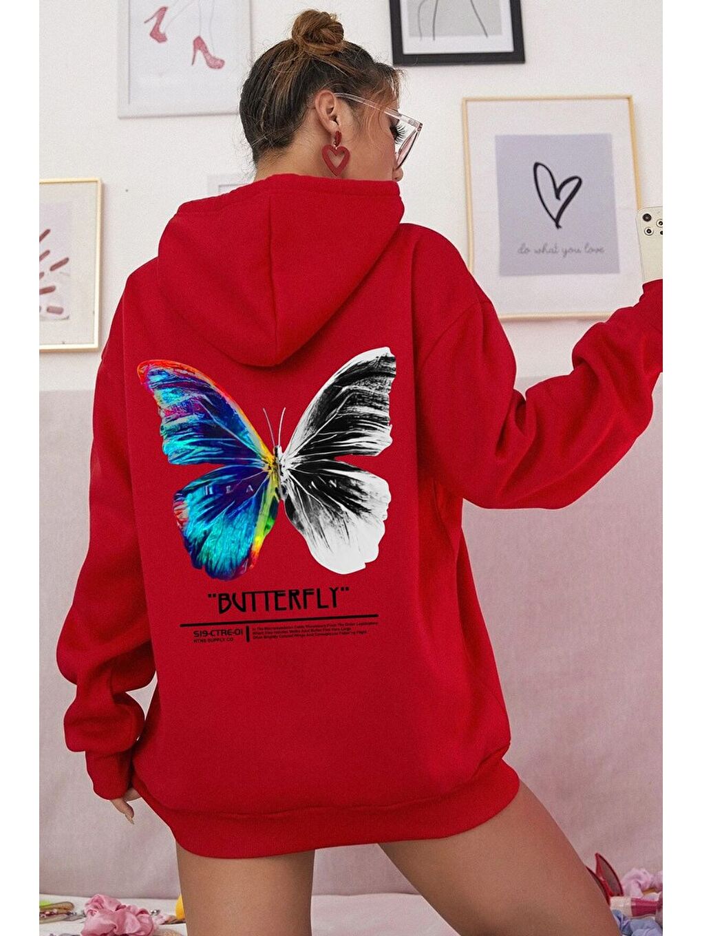 uyguntarz Kırmızı Unisex Butterfly Sırt Baskılı Sweatshirt