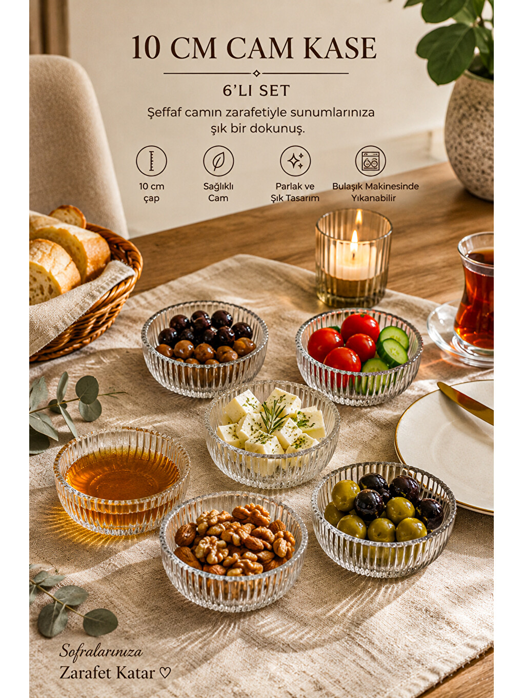 Renksiz 13877-2 Vanes 6lı Floren Cam Sunum Kasesi 10 Cm – Çerezlik, Puding Ve Kahvaltılık Kase Seti