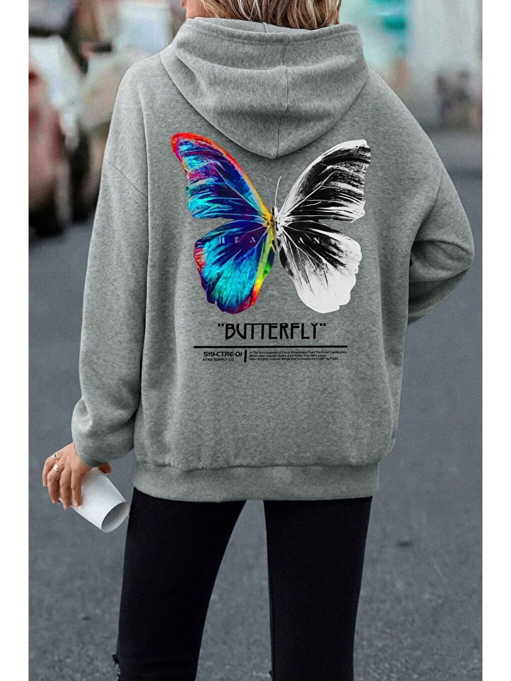 uyguntarz Gri Unisex Butterfly Sırt Baskılı Sweatshirt