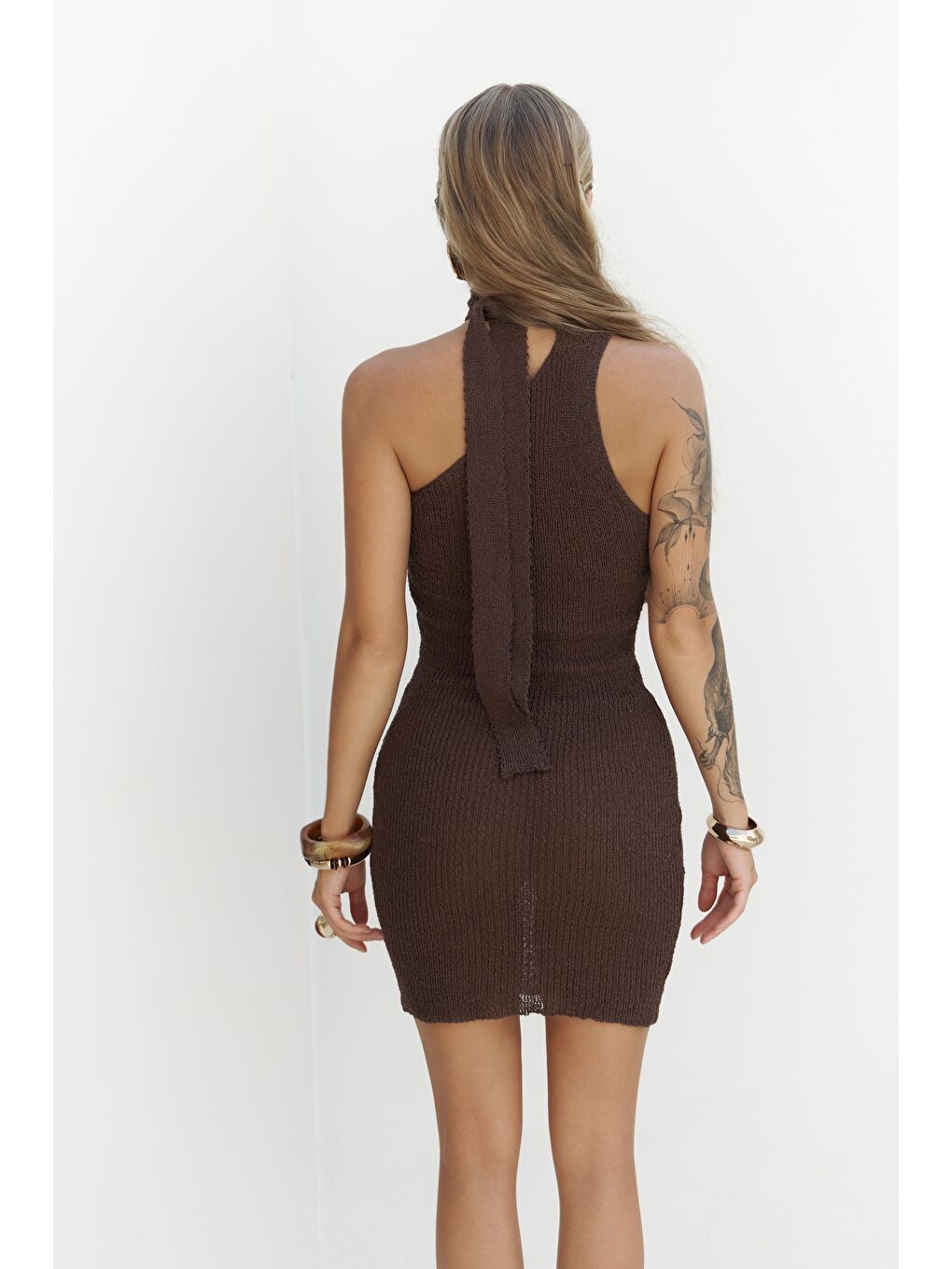 Kahverengi Budah Asimetrik Triko Kahve Mini Elbise-4