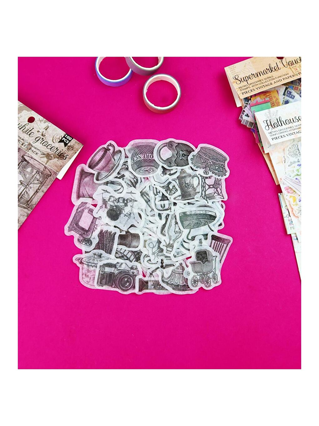 Scrapbook Uyumlu 100'lü Retro Sticker Paketi – Vintage Tarz Bm-1777-2