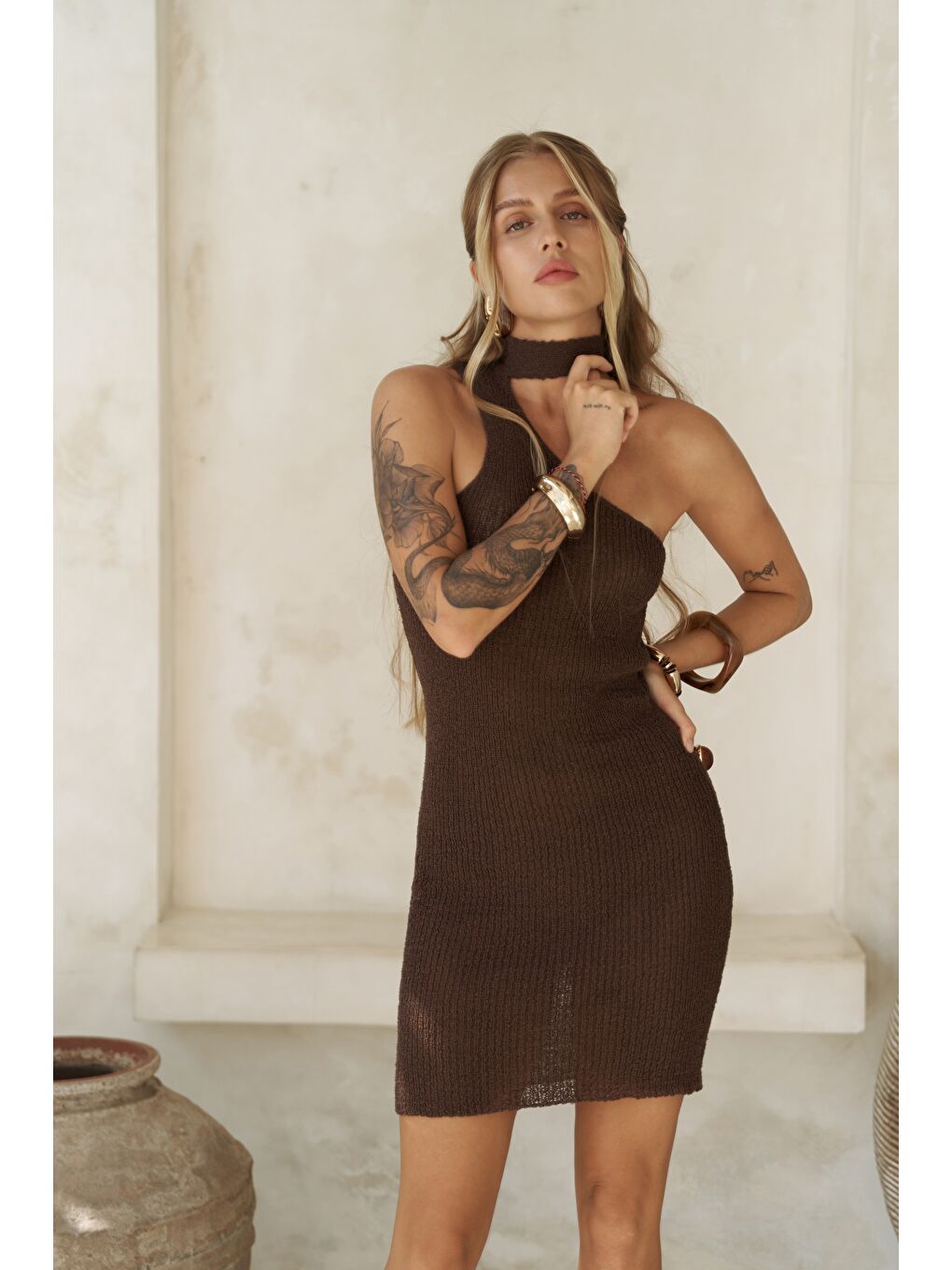 Kahverengi Budah Asimetrik Triko Kahve Mini Elbise-5
