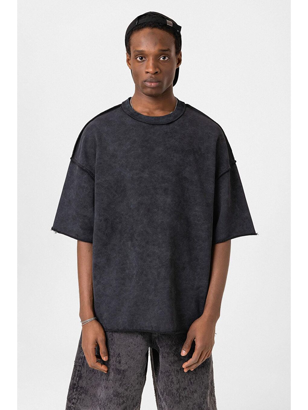 Yıkamalı Oversize Tişört Siyah-2