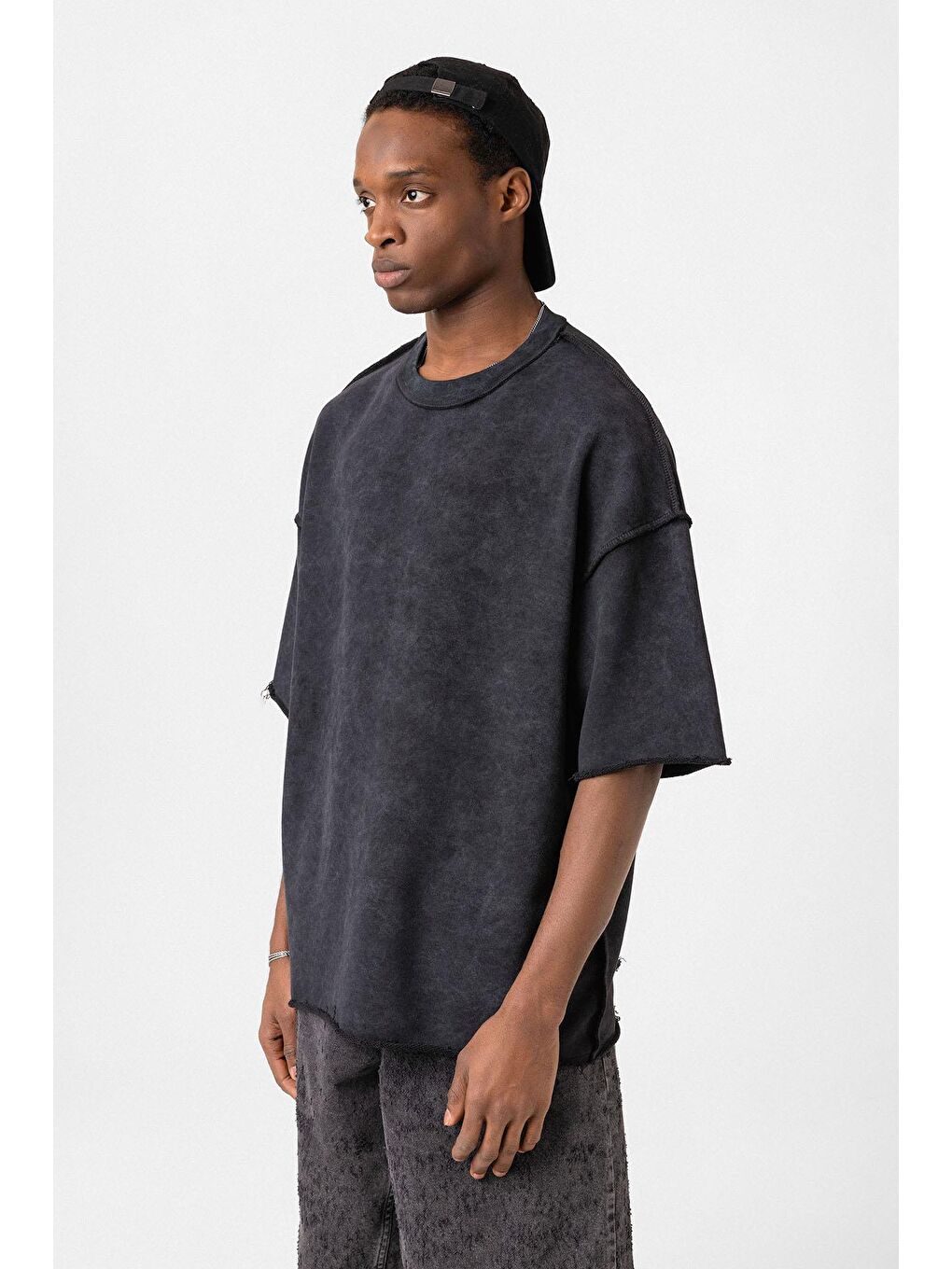 Yıkamalı Oversize Tişört Siyah-3
