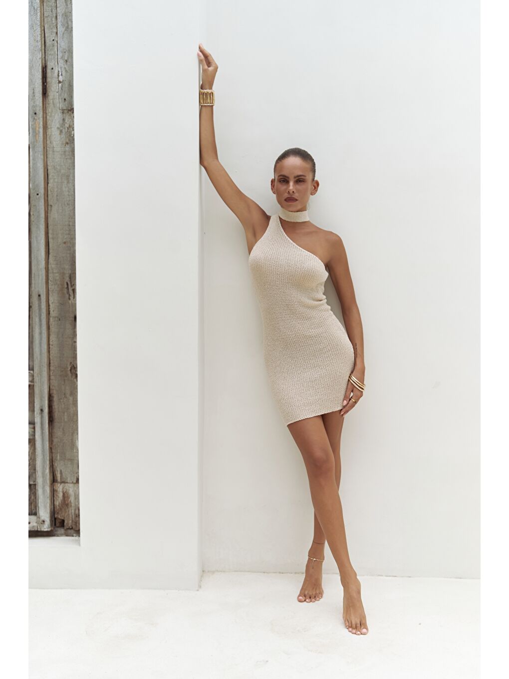 Budah Asimetrik Triko Bej Mini Elbise-2