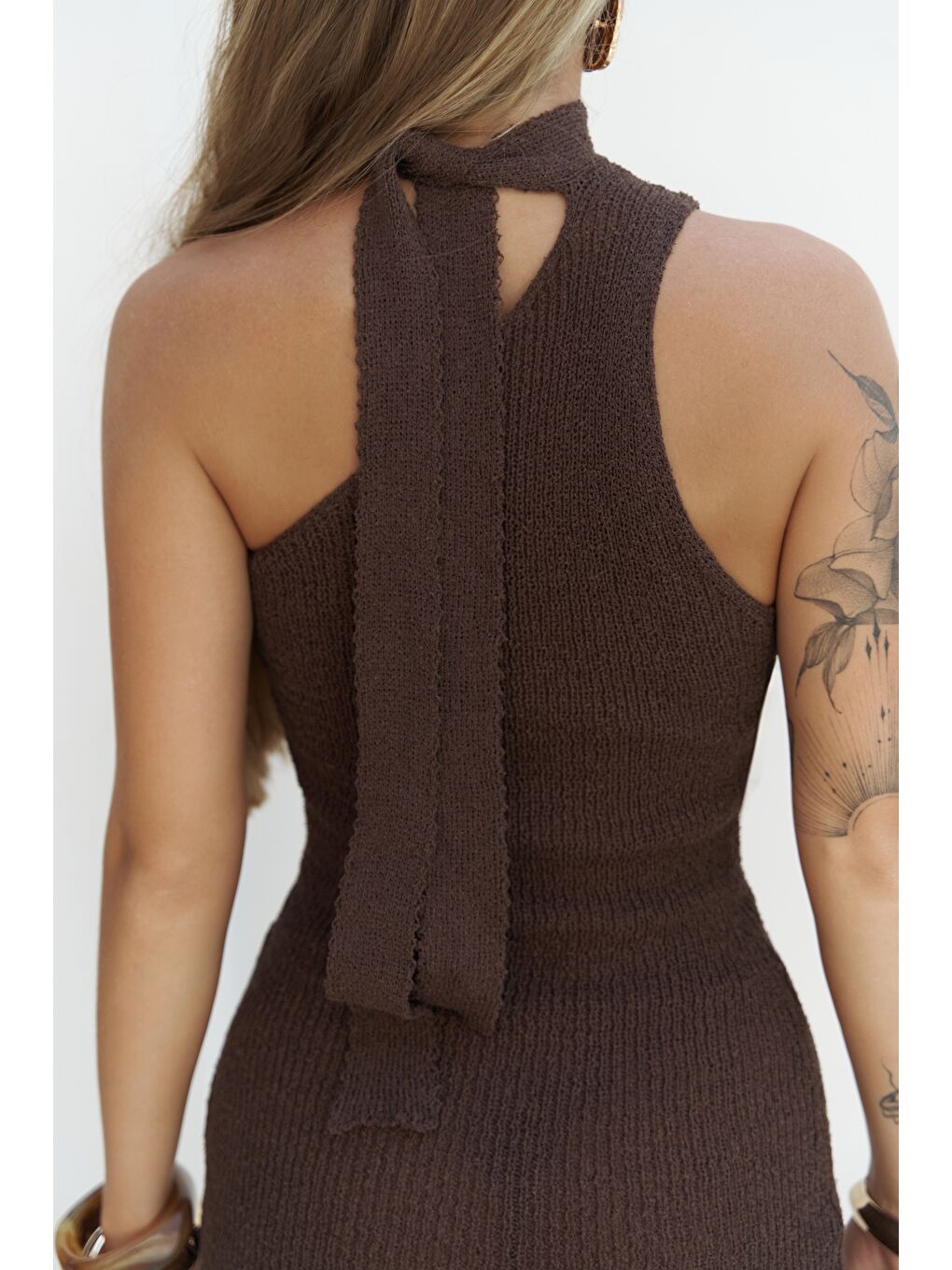 Kahverengi Budah Asimetrik Triko Kahve Mini Elbise-6