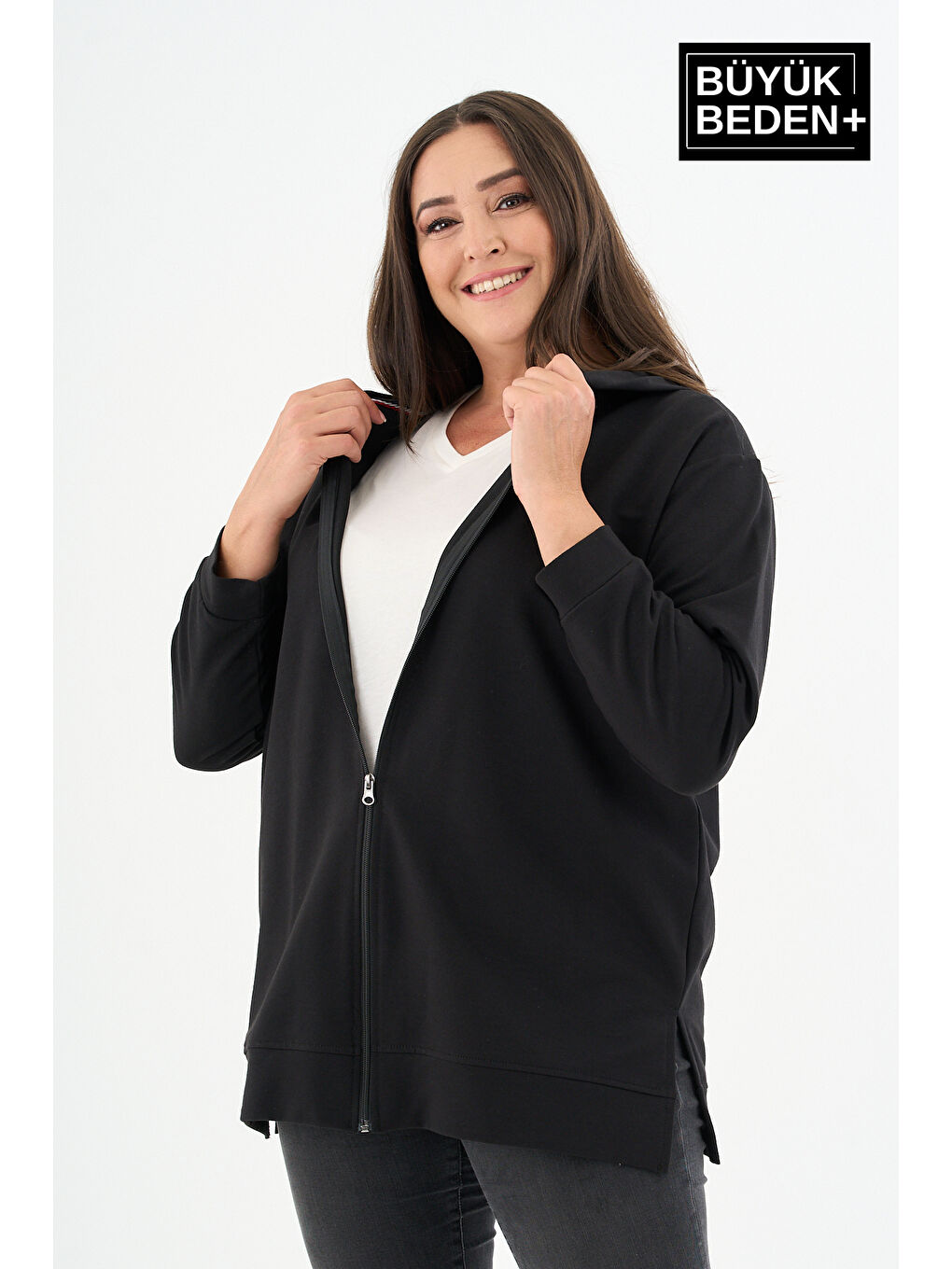 Siyah Kadın Tunik Büyük Beden Fermuarlı Kapüşonlu Sweat Hırka SPR26BTK955