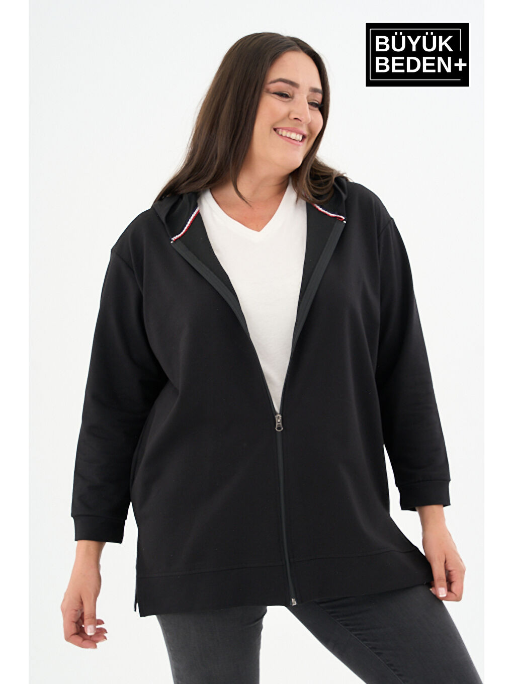Siyah Kadın Tunik Büyük Beden Fermuarlı Kapüşonlu Sweat Hırka SPR26BTK955-1