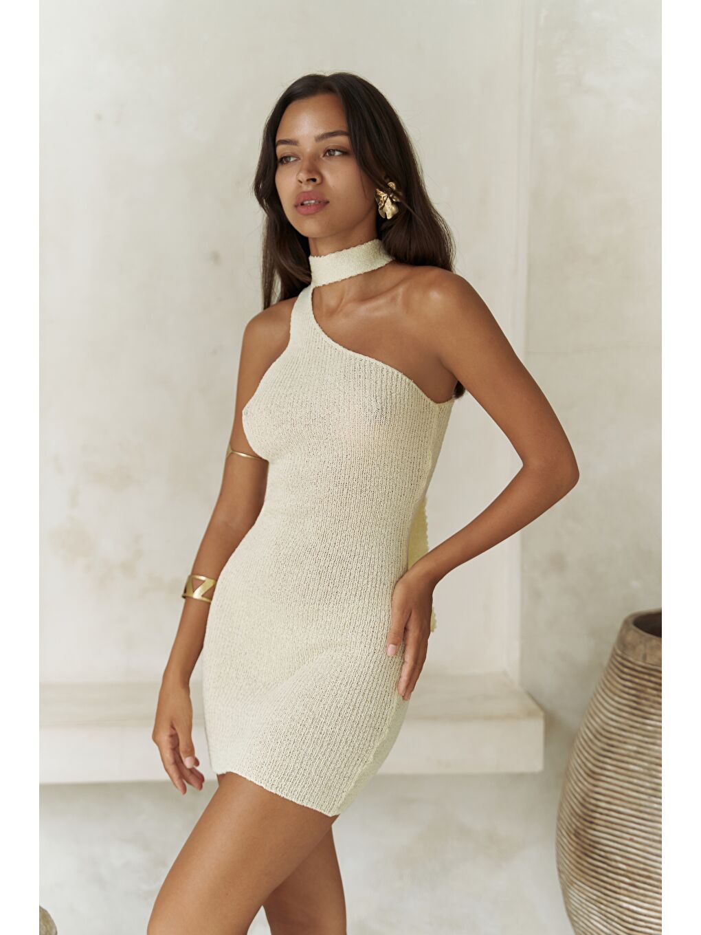 Budah Asimetrik Triko Sarı Mini Elbise-5