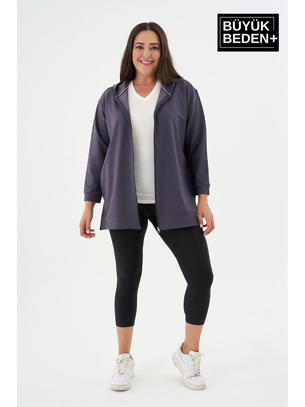 Gri Kadın Tunik Büyük Beden Fermuarlı Kapüşonlu Sweat Hırka SPR26BTK955-1