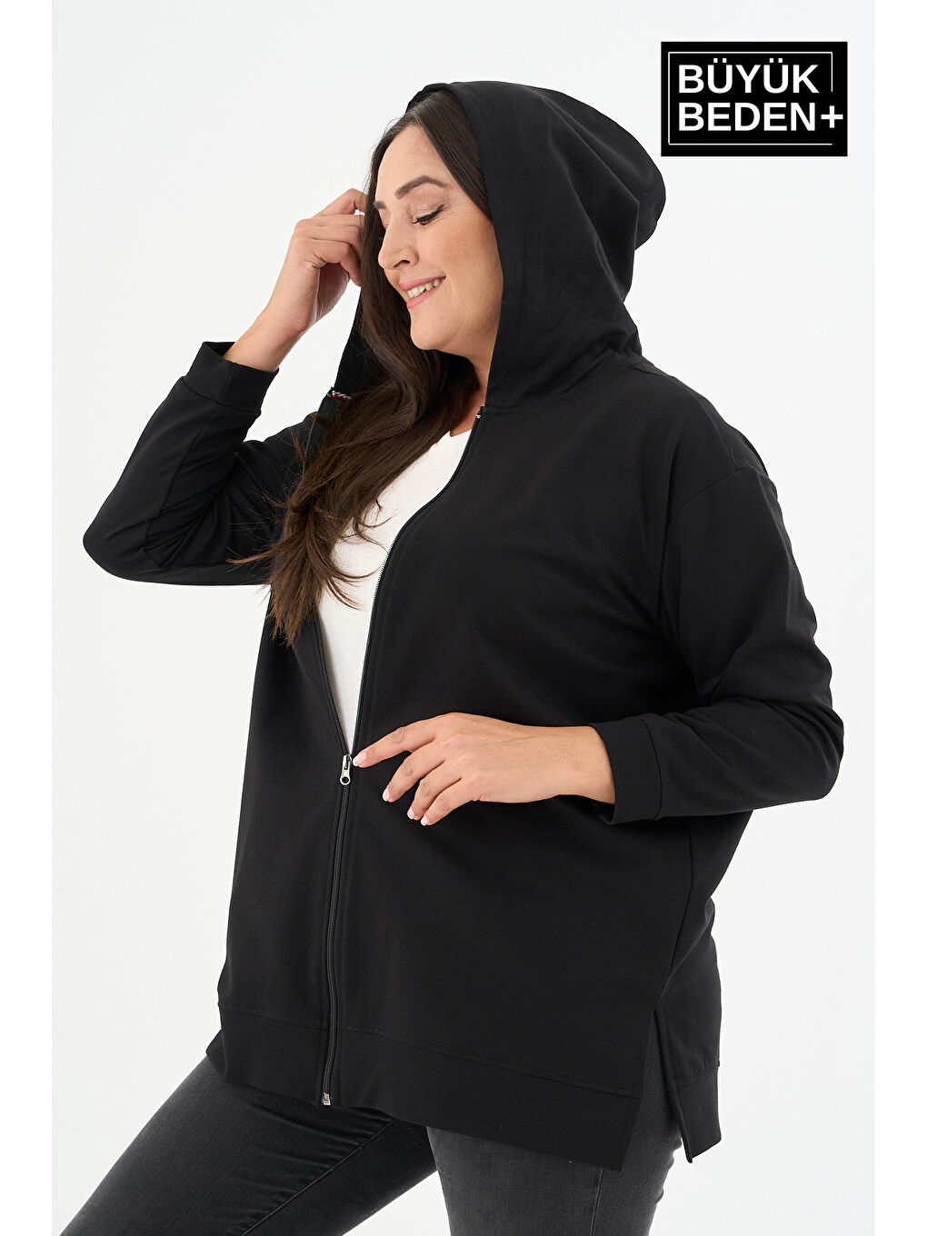 Siyah Kadın Tunik Büyük Beden Fermuarlı Kapüşonlu Sweat Hırka SPR26BTK955-2