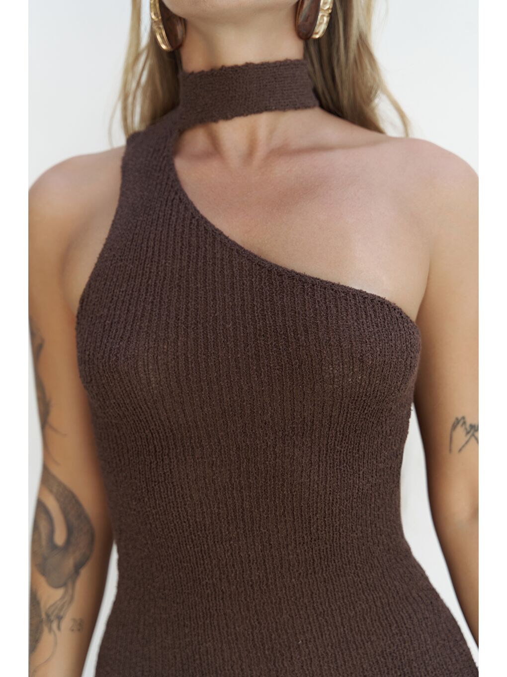 Kahverengi Budah Asimetrik Triko Kahve Mini Elbise-7