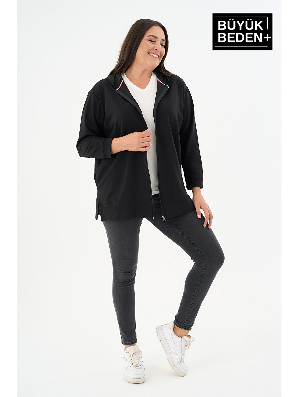 Siyah Kadın Tunik Büyük Beden Fermuarlı Kapüşonlu Sweat Hırka SPR26BTK955-3