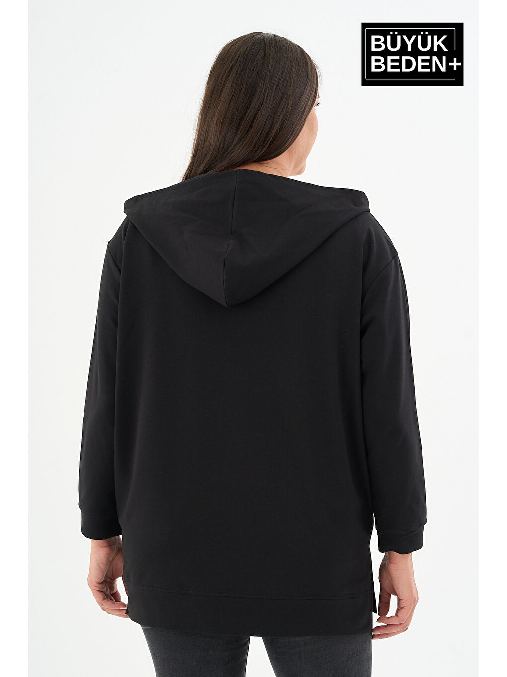 Siyah Kadın Tunik Büyük Beden Fermuarlı Kapüşonlu Sweat Hırka SPR26BTK955-4