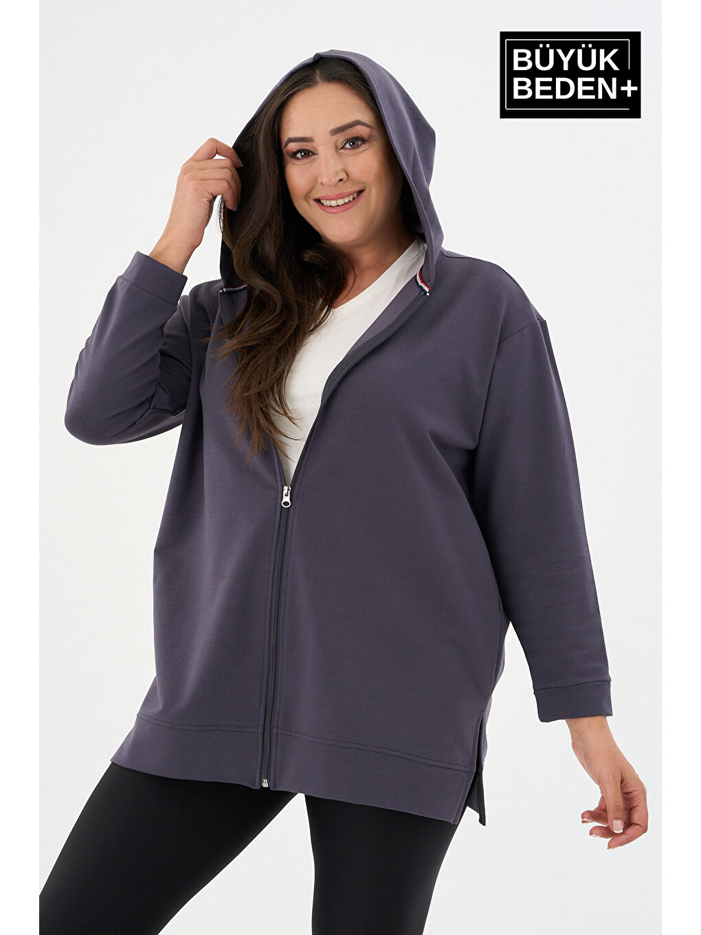 Gri Kadın Tunik Büyük Beden Fermuarlı Kapüşonlu Sweat Hırka SPR26BTK955-2