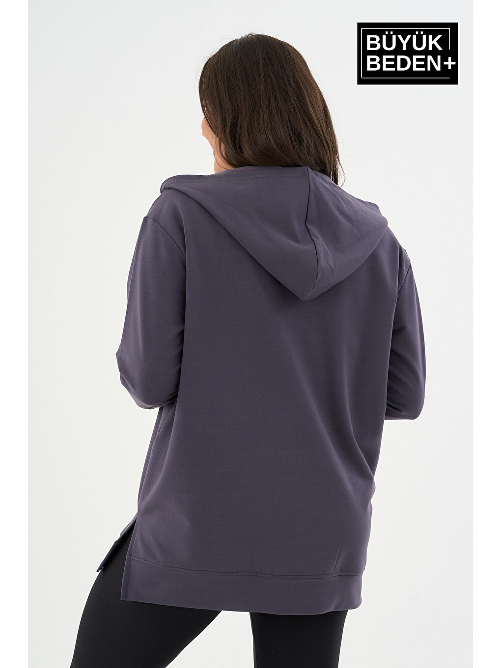 Gri Kadın Tunik Büyük Beden Fermuarlı Kapüşonlu Sweat Hırka SPR26BTK955-4