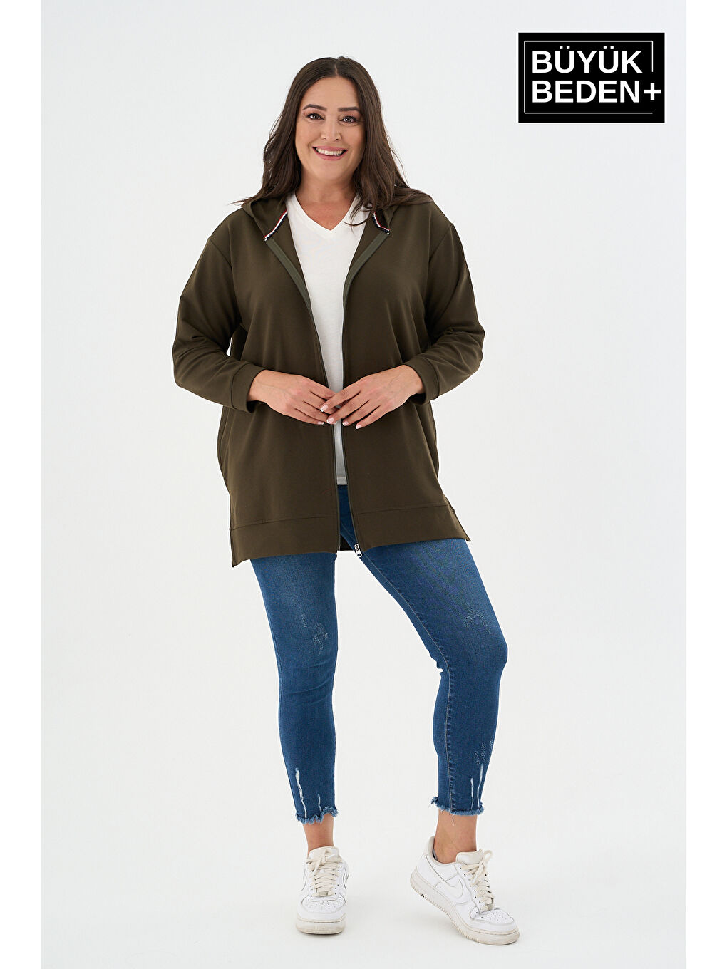 Haki Kadın Tunik Büyük Beden Fermuarlı Kapüşonlu Sweat Hırka SPR26BTK955-1