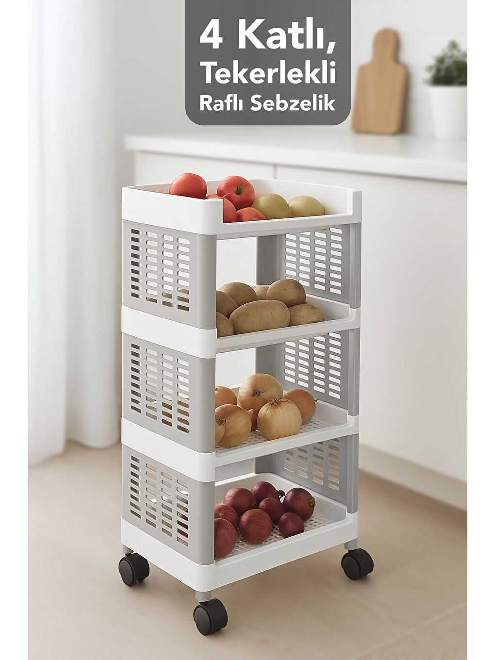 Beyaz 4 Katlı Tekerlekli Çok Amaçlı Mutfak Rafı