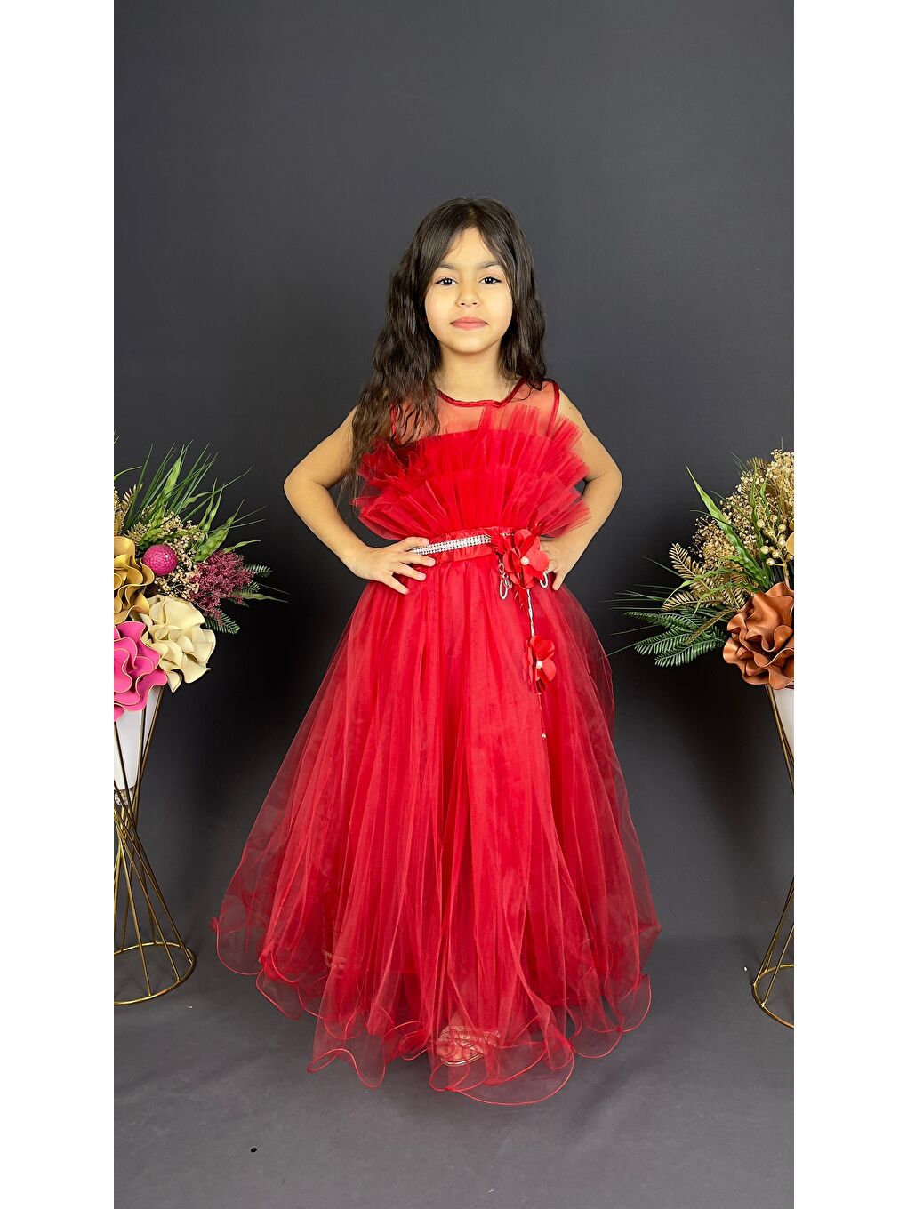 Kırmızı Kız Çocuk Robası Katlı Özel Abiye Elbise MNK0475-1