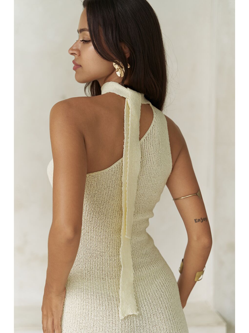 Budah Asimetrik Triko Sarı Mini Elbise-7